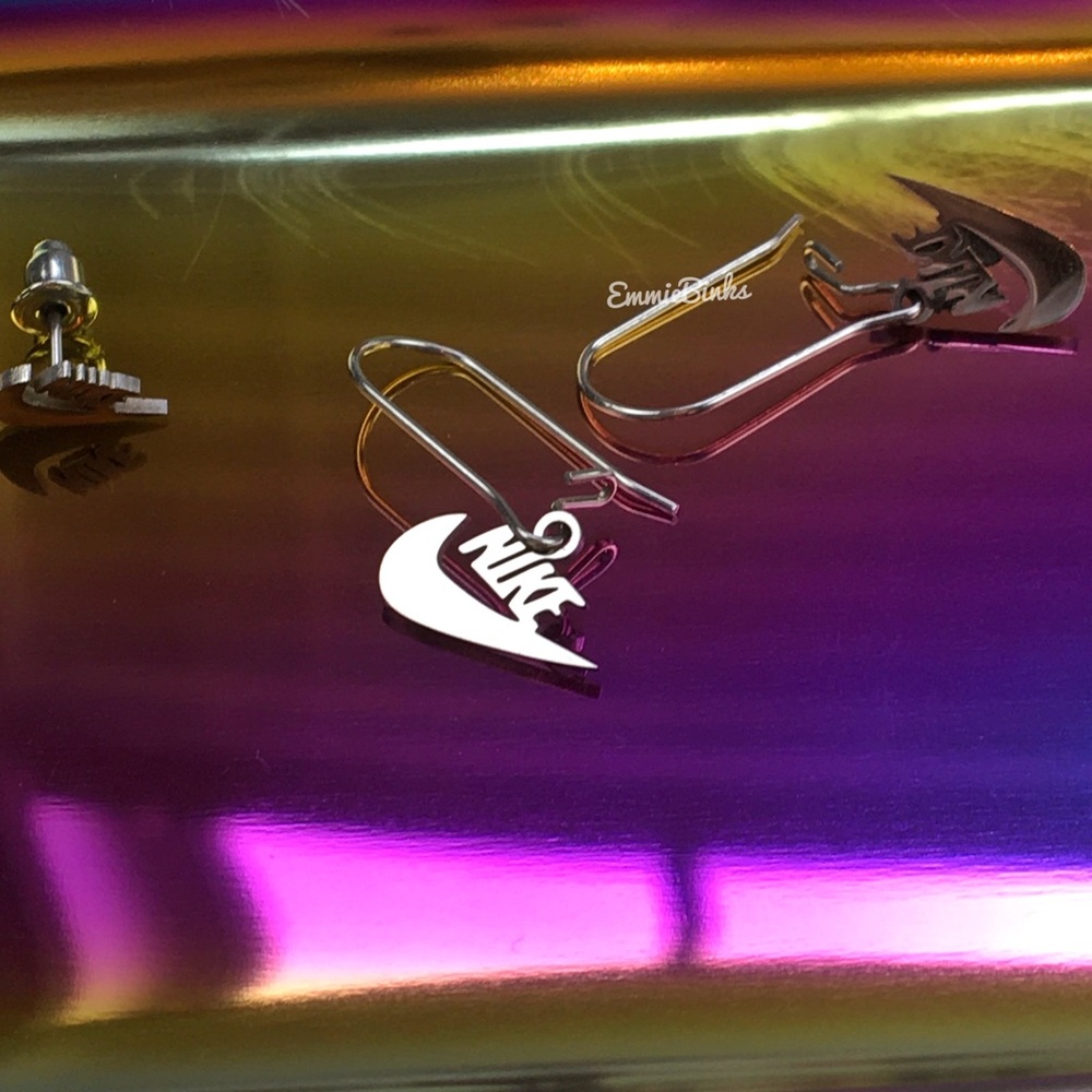 New NIKE Swoosh Stainless Steel Laser Earrings / Minimalist Nike Cutout Set - Picture 9 of 16